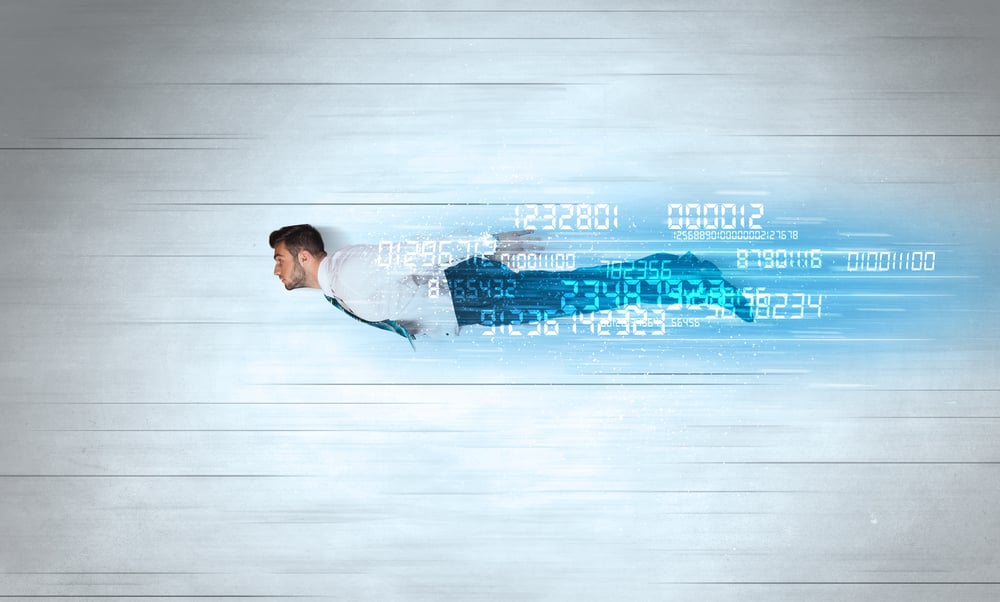 Businessman flying super fast with data numbers left behind concept